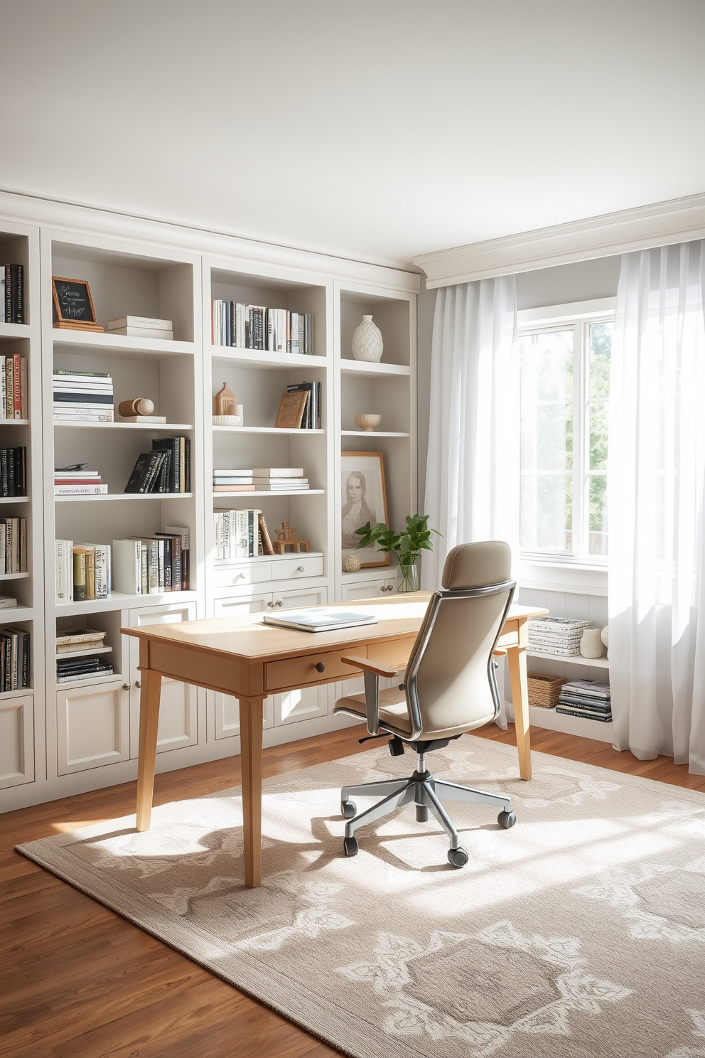 A serene home office setting featuring a large wooden desk with a soft beige finish. The walls are painted in a light gray tone, complemented by white bookshelves filled with neatly organized books and decorative items. A comfortable, neutral-toned ergonomic chair sits at the desk, while a stylish area rug in muted patterns anchors the space. Natural light floods in through a large window adorned with sheer white curtains, enhancing the tranquil atmosphere.