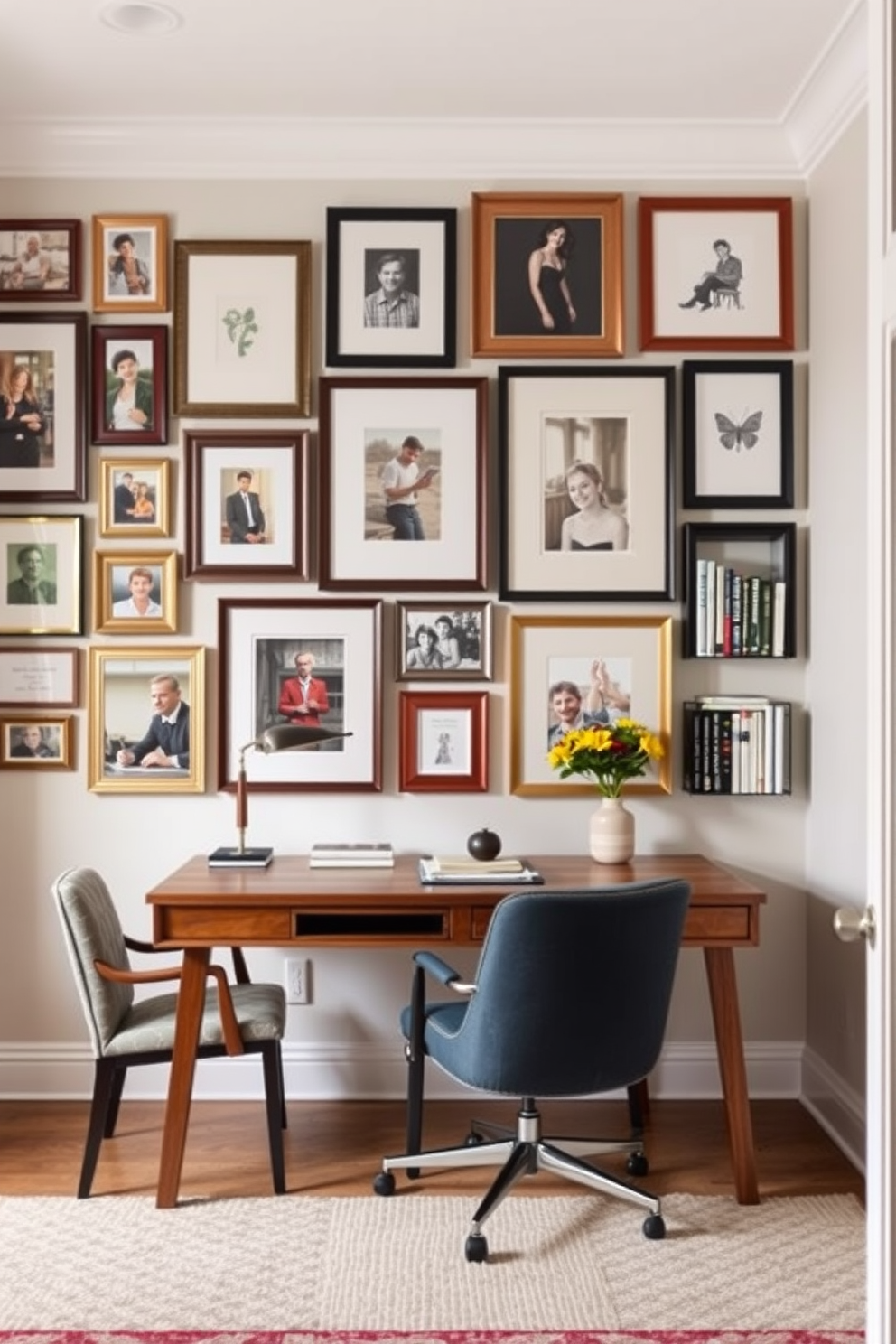 Create a gallery wall that showcases a mix of framed artwork and personal photographs. Incorporate various frame styles and sizes to add depth and character to the space. Design a shared home office that balances functionality and aesthetics. Use a large wooden desk flanked by comfortable chairs and add shelves filled with books and decorative items.