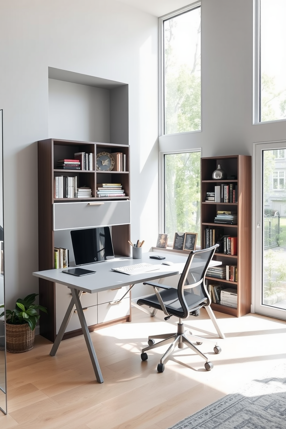 A modern home office featuring a sleek foldable desk that can be easily tucked away when not in use. The space is bright and airy, with large windows allowing natural light to flood in, complemented by a cozy reading nook in the corner. The walls are painted in a soft gray, creating a calming atmosphere, while a stylish bookshelf adds character and functionality. A comfortable ergonomic chair is paired with the desk, ensuring both style and comfort for long working hours.