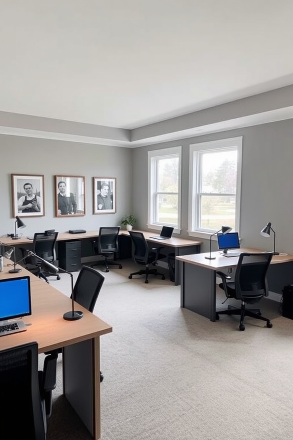 An inviting shared home office featuring L-shaped desks arranged in a corner layout. Each desk is equipped with ergonomic chairs and stylish desk lamps, providing a comfortable workspace for collaboration. The walls are painted in a soft gray tone, complemented by framed artwork that adds personality to the space. A large window allows natural light to flood in, illuminating the room and enhancing productivity.