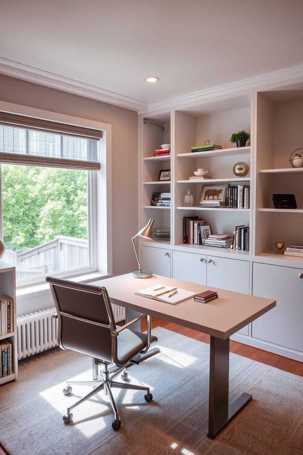 A stylish home office features a sleek desk positioned near a large window, allowing natural light to flood the space. The room is accented with modern task lighting, including an adjustable desk lamp with a metallic finish, providing focused illumination for work tasks. The office is designed with a comfortable chair that complements the desk, creating an inviting workspace. Shelves filled with books and decorative items line the walls, enhancing the overall aesthetic while maintaining functionality.