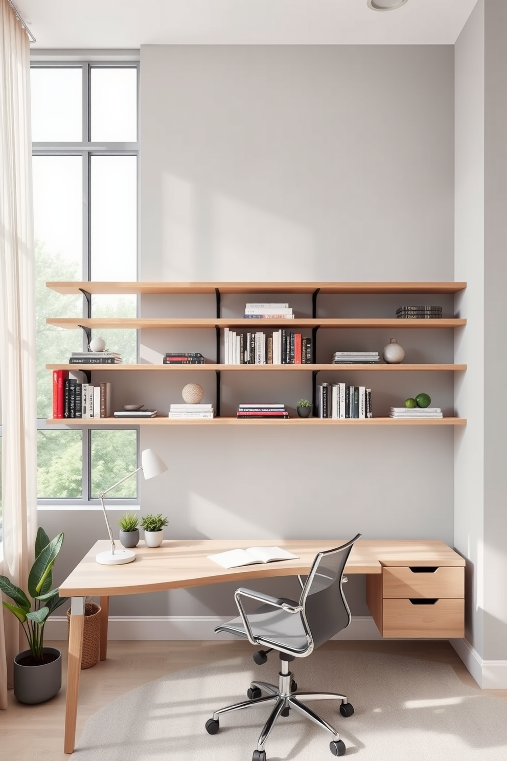 A modern home office featuring floating shelves made of light wood, providing ample storage space for books and decorative items. The walls are painted in a soft gray, and a sleek desk with a minimalist design sits beneath the shelves, complemented by an ergonomic chair. Natural light floods the room through large windows adorned with sheer curtains. A stylish desk lamp and a few potted plants add a touch of warmth and personality to the workspace.