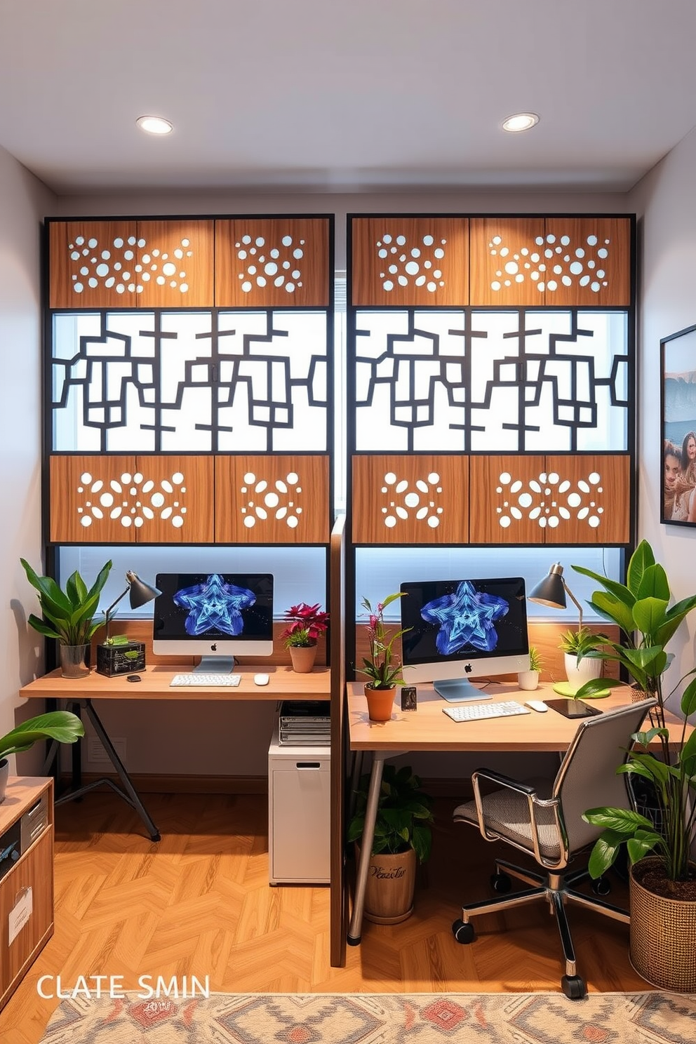 A stylish room divider that combines functionality and aesthetics. The divider features a sleek design with natural wood finishes and intricate cut-out patterns that allow light to filter through while providing privacy. Shared home office design ideas that promote collaboration and focus. The space incorporates dual desks facing each other, surrounded by vibrant plants and personalized decor that reflect each individual's style.