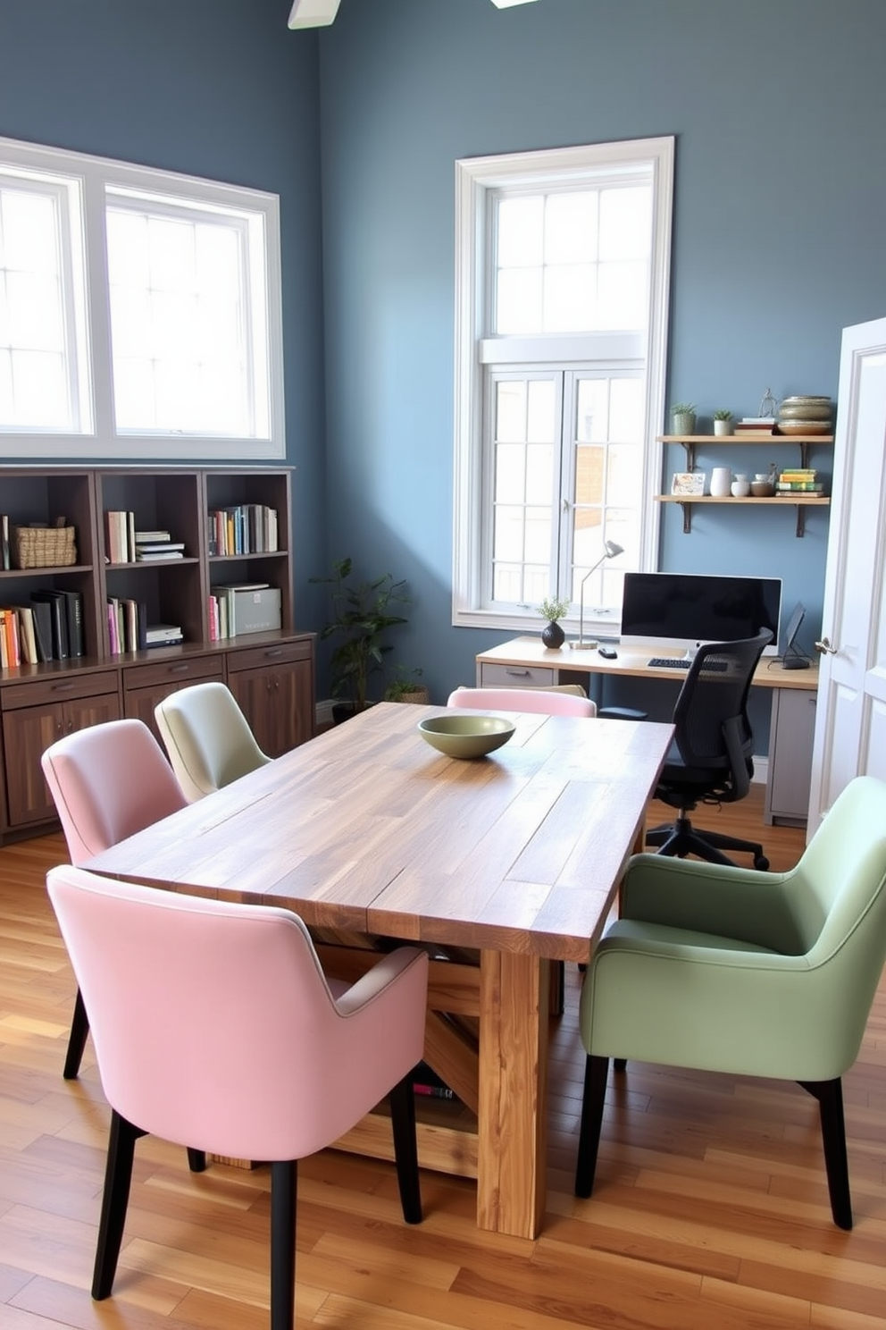 A shared table made of reclaimed wood sits at the center of the room surrounded by comfortable upholstered chairs in soft pastel colors. Natural light floods the space through large windows, highlighting a cozy atmosphere perfect for collaboration and creativity. The home office features a sleek desk with built-in storage and a modern ergonomic chair for long hours of work. Wall-mounted shelves display books and personal items, while a calming color palette of blues and greens promotes focus and tranquility.