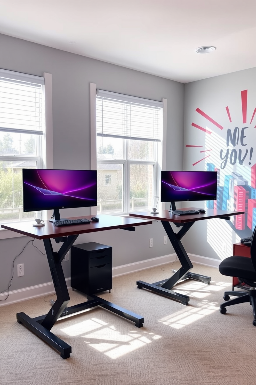 A modern home office featuring dual standing desks designed for ergonomic benefits. The desks are positioned side by side, each equipped with adjustable height settings and sleek monitors, promoting a collaborative workspace. Natural light floods the room through large windows adorned with minimalistic blinds. The walls are painted in a calming light gray, complemented by a vibrant accent wall showcasing a motivational mural.