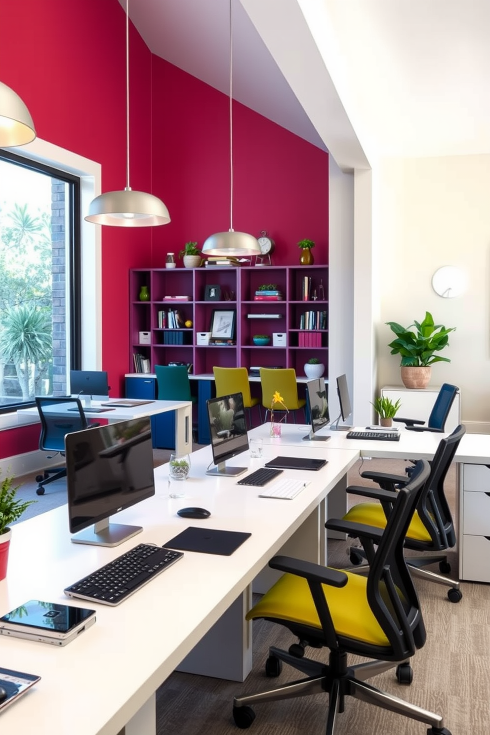 A modern home office featuring color-coded workstations that reflect individual personalities. Each workstation is equipped with ergonomic chairs, stylish desks, and personalized decor elements that enhance productivity and creativity. The walls are painted in soft neutral tones, allowing the vibrant colors of the workstations to stand out. Large windows provide ample natural light, complemented by contemporary lighting fixtures that add a touch of elegance.