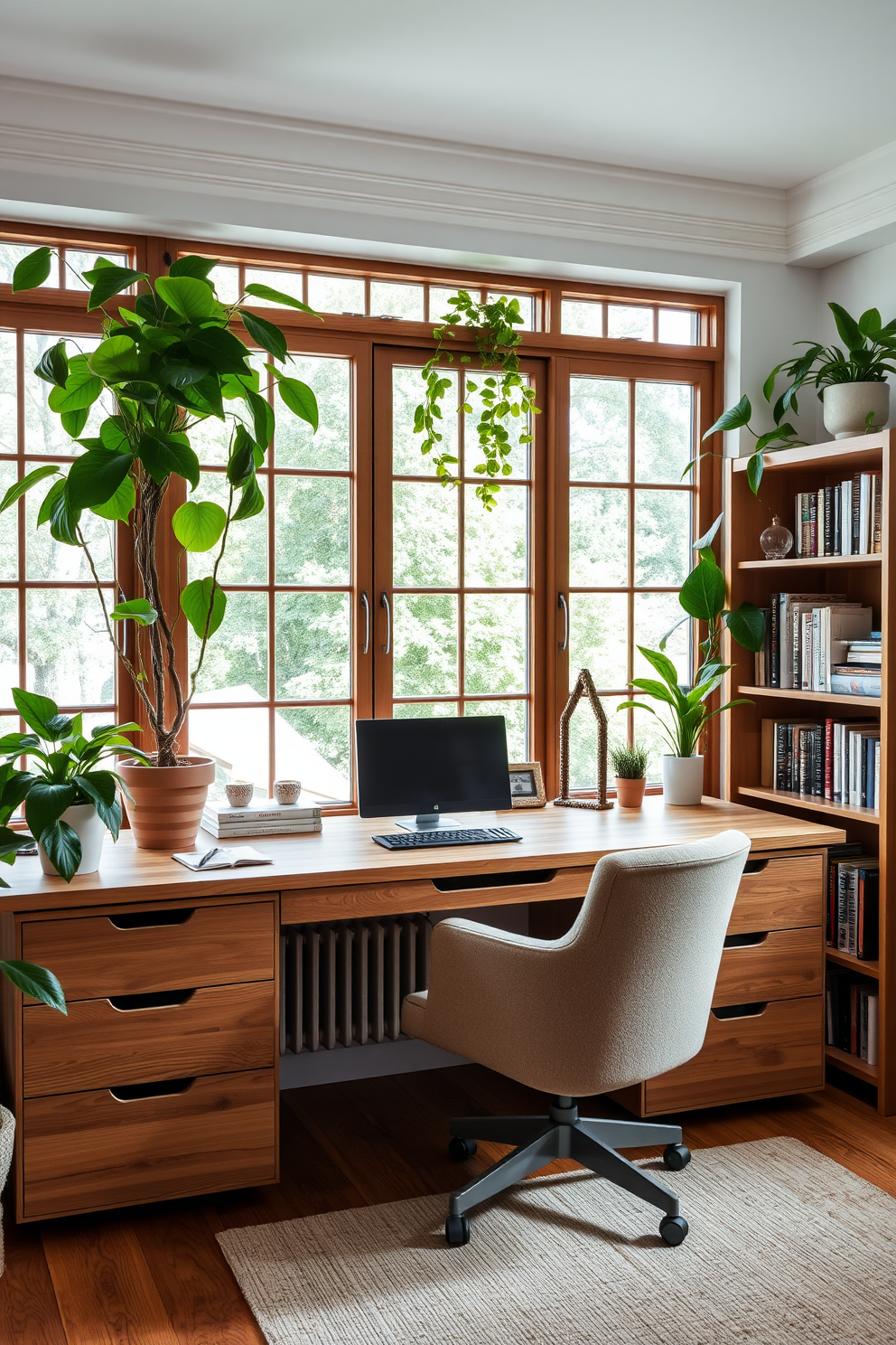 A modern home office featuring a large wooden desk positioned against a wall of windows. Lush green plants are placed on the windowsill and in the corners, creating a refreshing atmosphere. The office chair is upholstered in a soft fabric that complements the earthy tones of the decor. A bookshelf filled with books and decorative items adds personality to the space while maintaining an organized look.