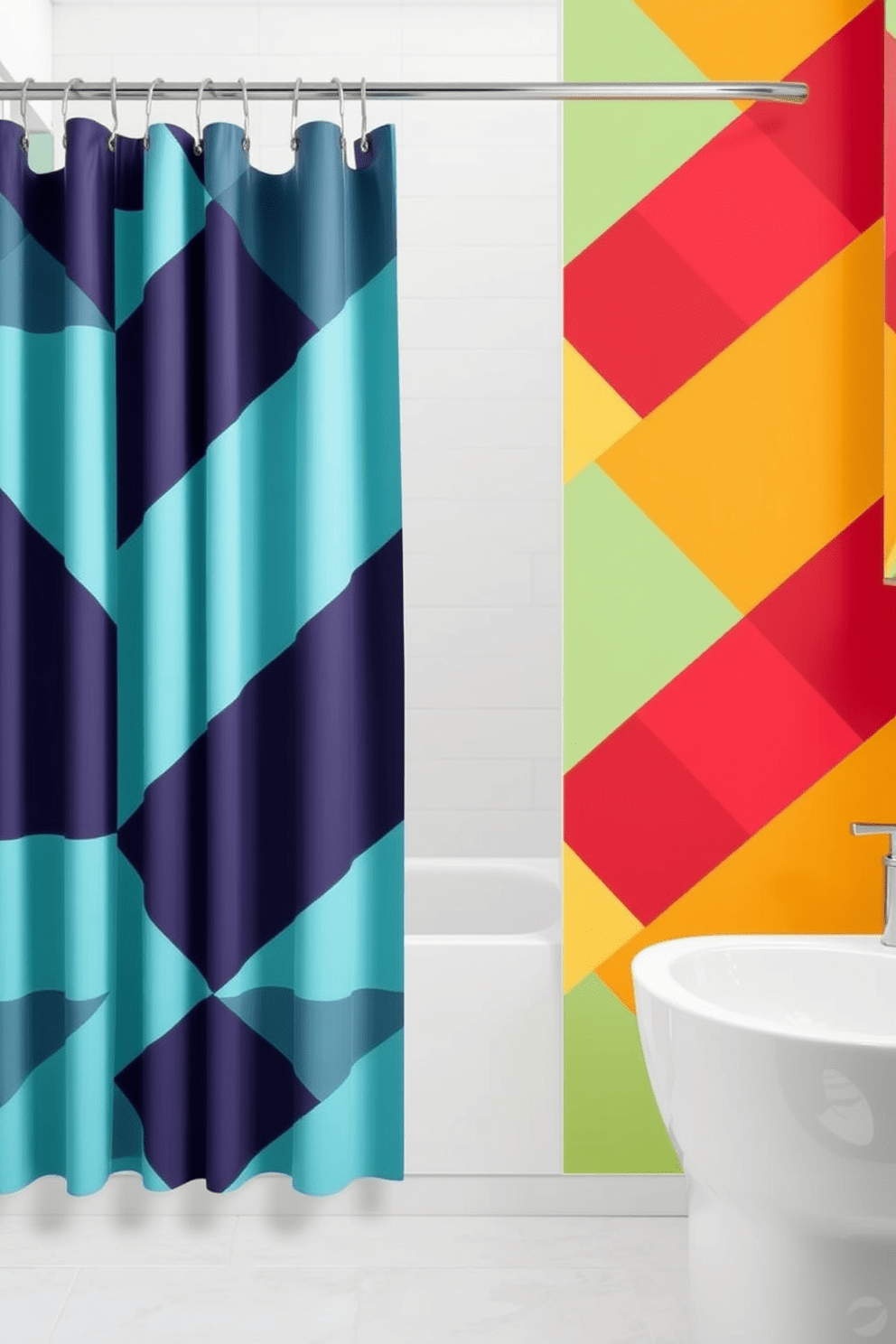 A striking shower curtain featuring bold geometric patterns in vibrant colors creates a modern focal point in the bathroom. The interplay of sharp angles and contrasting hues adds a dynamic visual interest that enhances the overall design aesthetic. Incorporate a sleek rod to complement the curtain design, ensuring a seamless flow with the contemporary decor. The bold patterns can be paired with minimalist accessories to maintain a cohesive and stylish look.