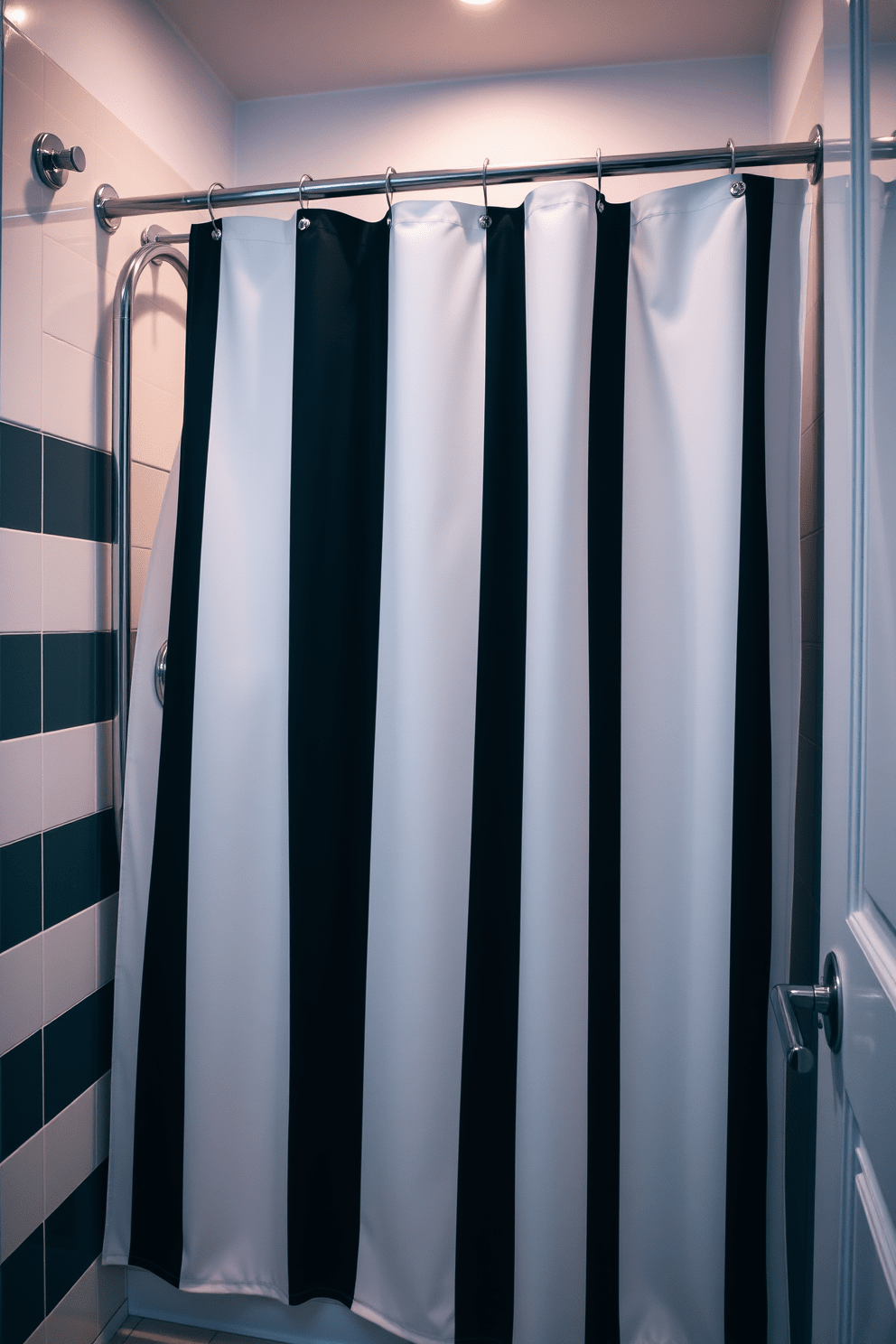 A chic bathroom setting featuring a shower curtain adorned with bold monochrome stripes. The stripes alternate between matte black and crisp white, creating a striking visual contrast that enhances the overall elegance of the space. The curtain is complemented by sleek chrome fixtures and a minimalist design aesthetic. Soft, ambient lighting illuminates the room, highlighting the sophisticated patterns and textures throughout.