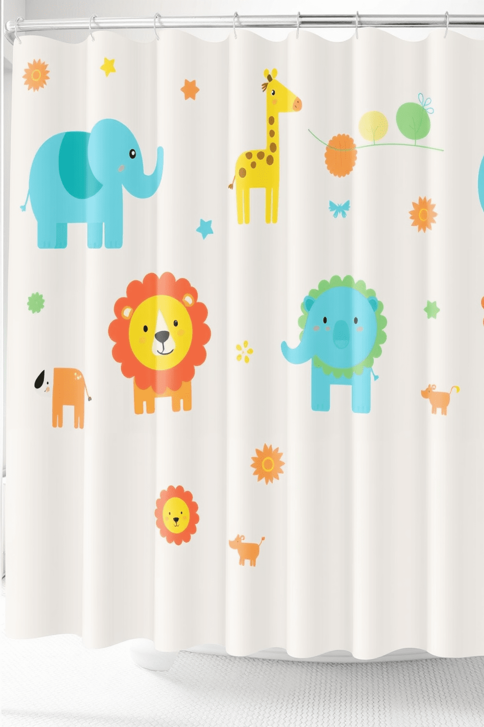 A playful shower curtain design featuring whimsical animal motifs such as elephants, giraffes, and lions in vibrant colors. The background is a soft pastel shade that complements the cheerful illustrations, creating a fun and inviting atmosphere for kids.