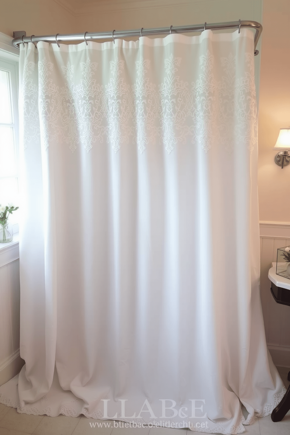 A romantic bathroom setting with elegant lace overlays on a soft fabric shower curtain. The curtain gently drapes to the floor, creating a delicate and inviting atmosphere while complementing the overall decor.