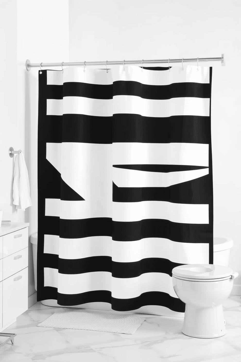 Graphic black and white designs create a striking contrast in a bathroom setting. The shower curtain features bold geometric patterns that add visual interest and sophistication to the space. Incorporate abstract shapes and lines to enhance the modern aesthetic. The curtain's fabric has a matte finish that complements sleek fixtures and a minimalist decor approach.