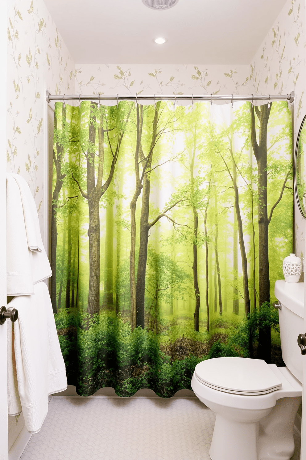 A serene bathroom featuring nature-inspired prints that evoke a sense of tranquility. The shower curtain showcases a lush forest scene with vibrant greens and soft browns, creating a refreshing focal point in the space. Complementing the shower curtain, the walls are adorned with subtle botanical wallpaper that enhances the natural theme. Soft, neutral-toned towels and accessories complete the look, inviting a calming atmosphere into the bathroom.