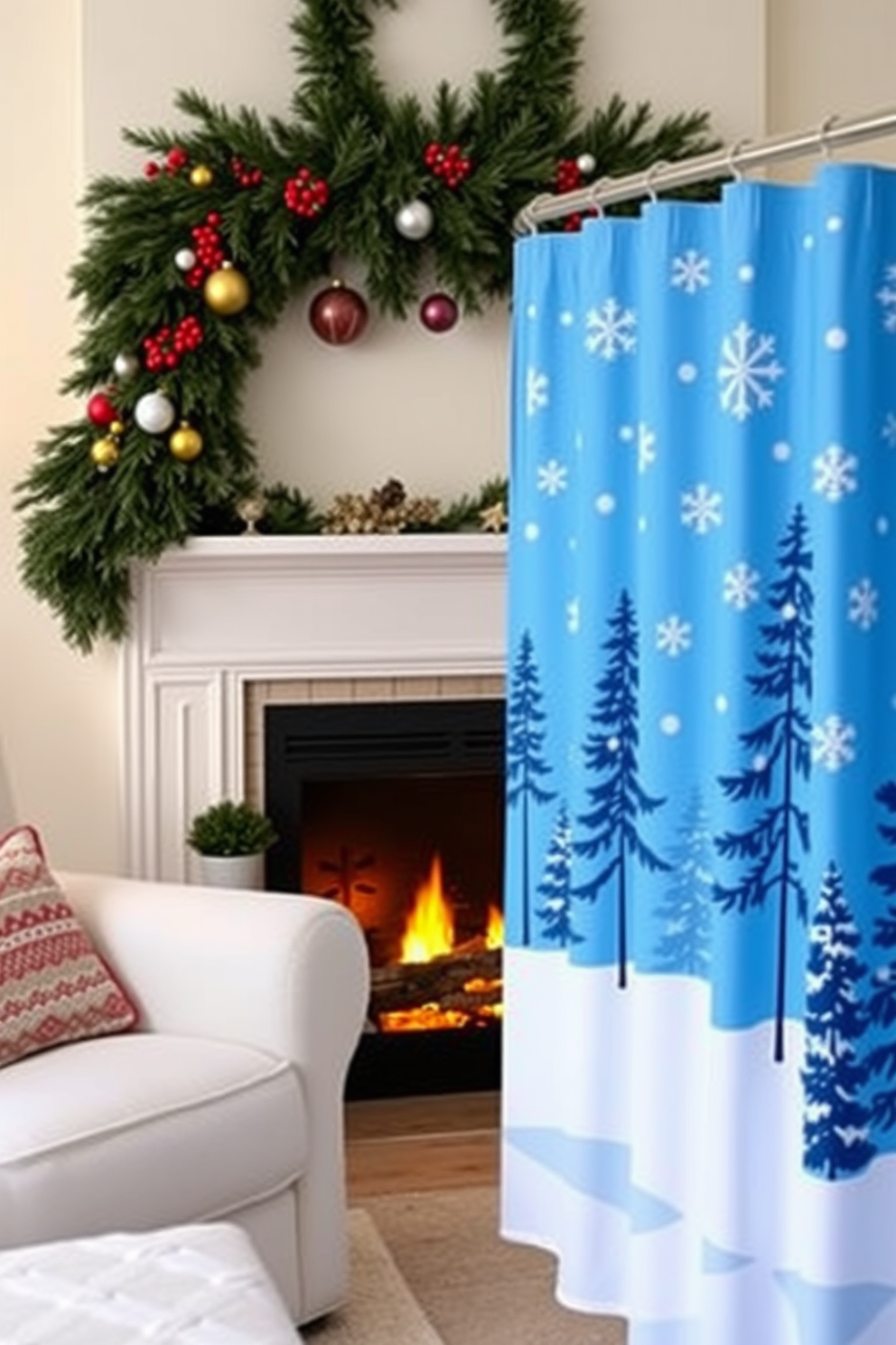 A cozy living room adorned with seasonal decorations. A beautifully draped garland of pine and berries frames the fireplace, while colorful ornaments hang from the mantel. A vibrant shower curtain featuring a winter wonderland scene. Snowflakes and pine trees are illustrated in soft blues and whites, creating a serene atmosphere in the bathroom.