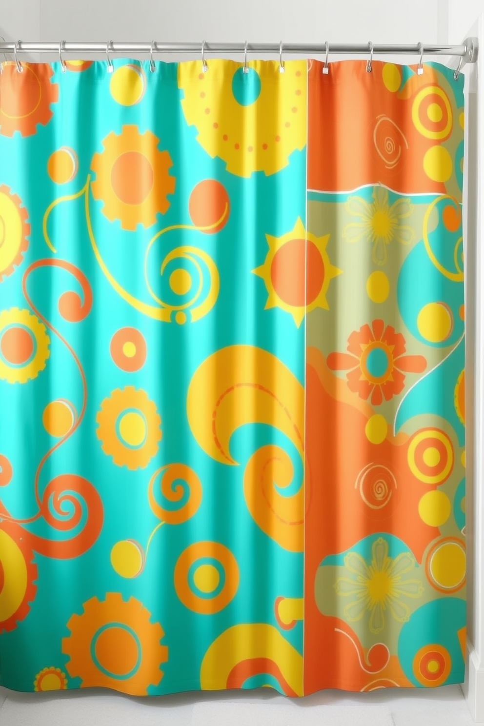 A vibrant shower curtain featuring bold retro patterns in bright colors like orange, yellow, and teal. The design incorporates geometric shapes and swirling motifs that evoke a sense of nostalgia and fun. The fabric has a soft sheen, enhancing the playful aesthetic while remaining water-resistant. This shower curtain serves as a statement piece, bringing a lively touch to a classic bathroom setting.