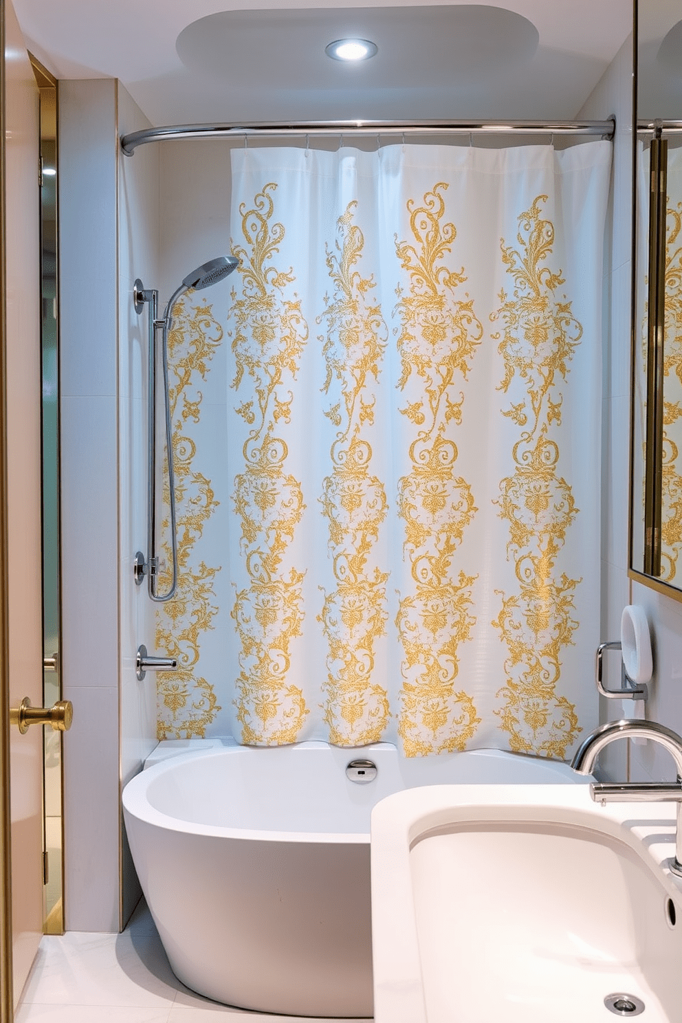 A luxurious bathroom featuring metallic accents that add a touch of glamour. The shower curtain is elegantly designed with a shimmering gold pattern, complementing the overall decor. The space includes polished chrome fixtures and a sleek, modern bathtub. Soft lighting enhances the metallic details, creating an inviting and sophisticated atmosphere.