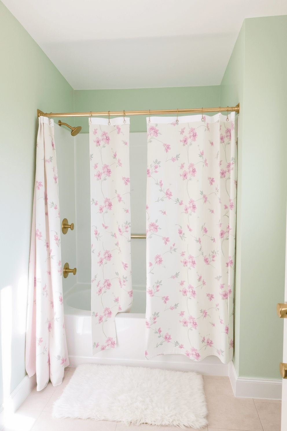 A serene bathroom space featuring soft pastel colors that create a calming vibe. The walls are painted in a gentle mint green, and the shower curtain showcases a delicate floral pattern in shades of blush and lavender. The shower area is framed with subtle gold fixtures that complement the pastel tones. A plush white bath mat lies on the floor, adding a touch of luxury and comfort.