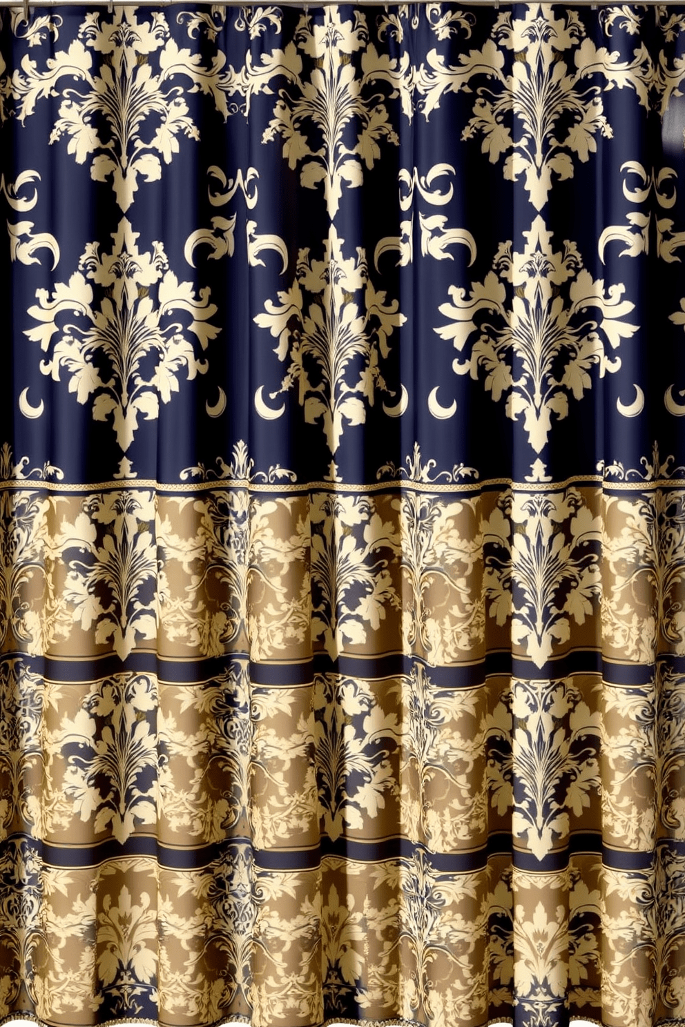 A classic damask patterned shower curtain that exudes timeless elegance. The design features intricate floral motifs in soft shades of cream and gold against a deep navy background. The fabric drapes gracefully, creating a luxurious and sophisticated atmosphere in the bathroom. Complement the curtain with matching accessories to enhance the overall aesthetic.