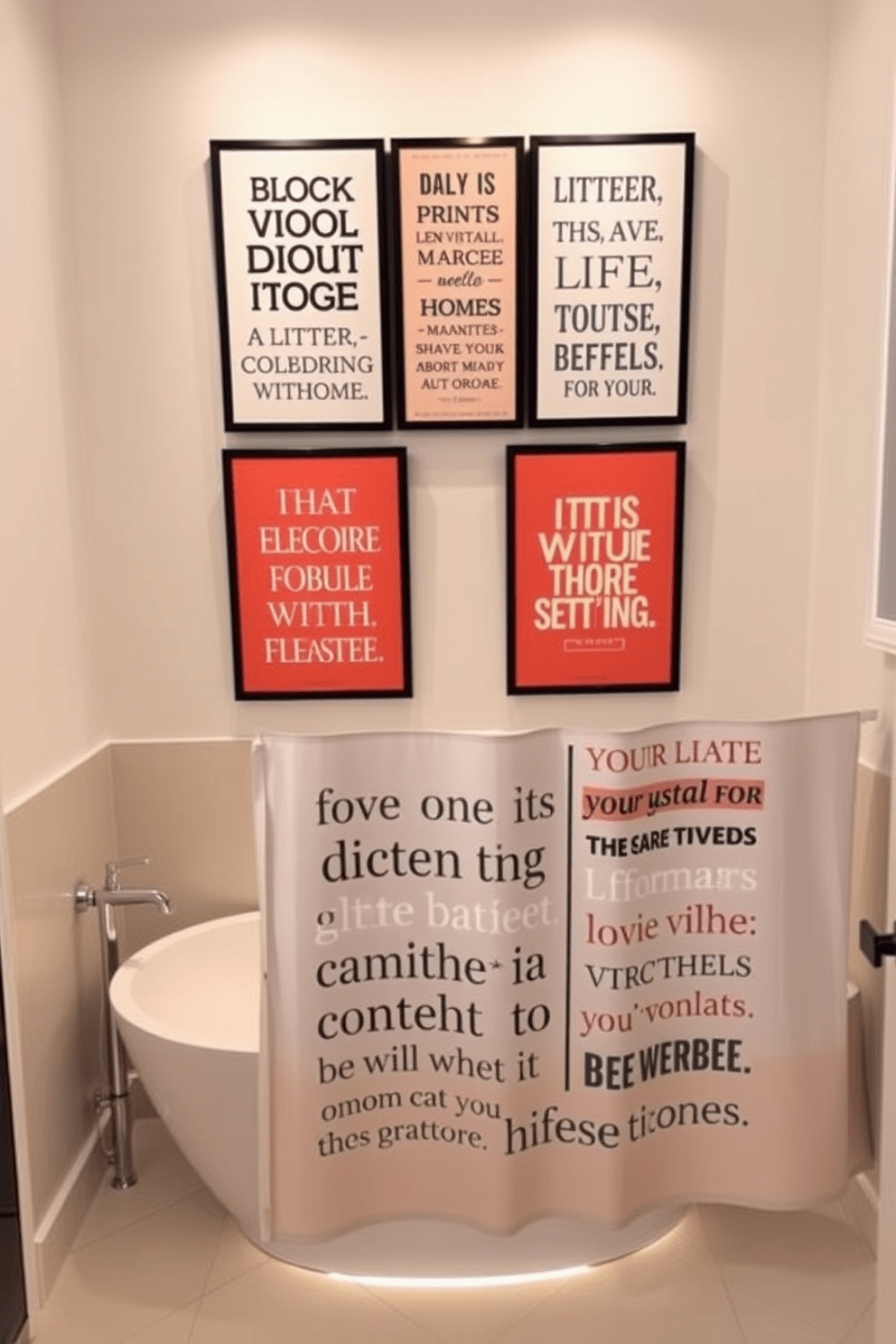 A collection of bold quotes for motivational bathroom decor is displayed on a series of framed canvases. The quotes are artistically arranged above a sleek, modern bathtub that is surrounded by soft, ambient lighting. The shower curtain features a vibrant design with inspirational phrases in elegant typography. The curtain complements the overall color scheme of the bathroom, creating a harmonious and uplifting atmosphere.