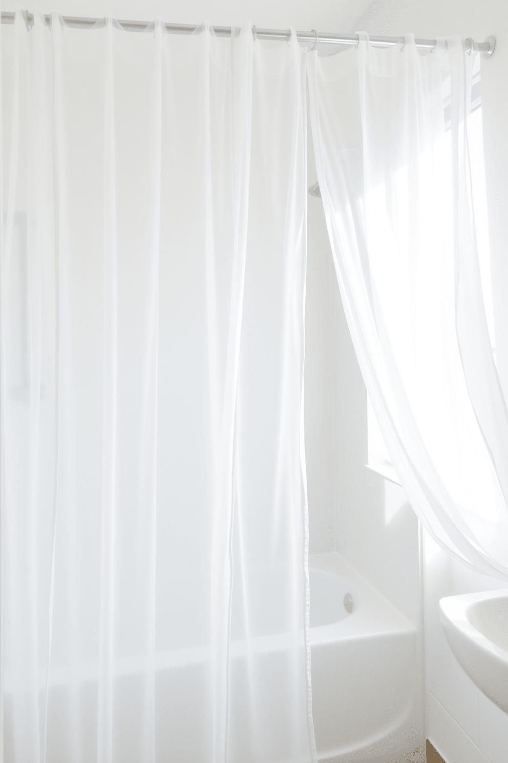 A bright and airy bathroom features transparent shower curtains that allow natural light to filter through. The curtains gently sway with the breeze, creating a serene and inviting atmosphere. The shower area is elegantly framed by sleek fixtures and a modern design that enhances the overall aesthetic. Soft, neutral tones complement the transparency of the curtains, adding to the sense of openness and tranquility.