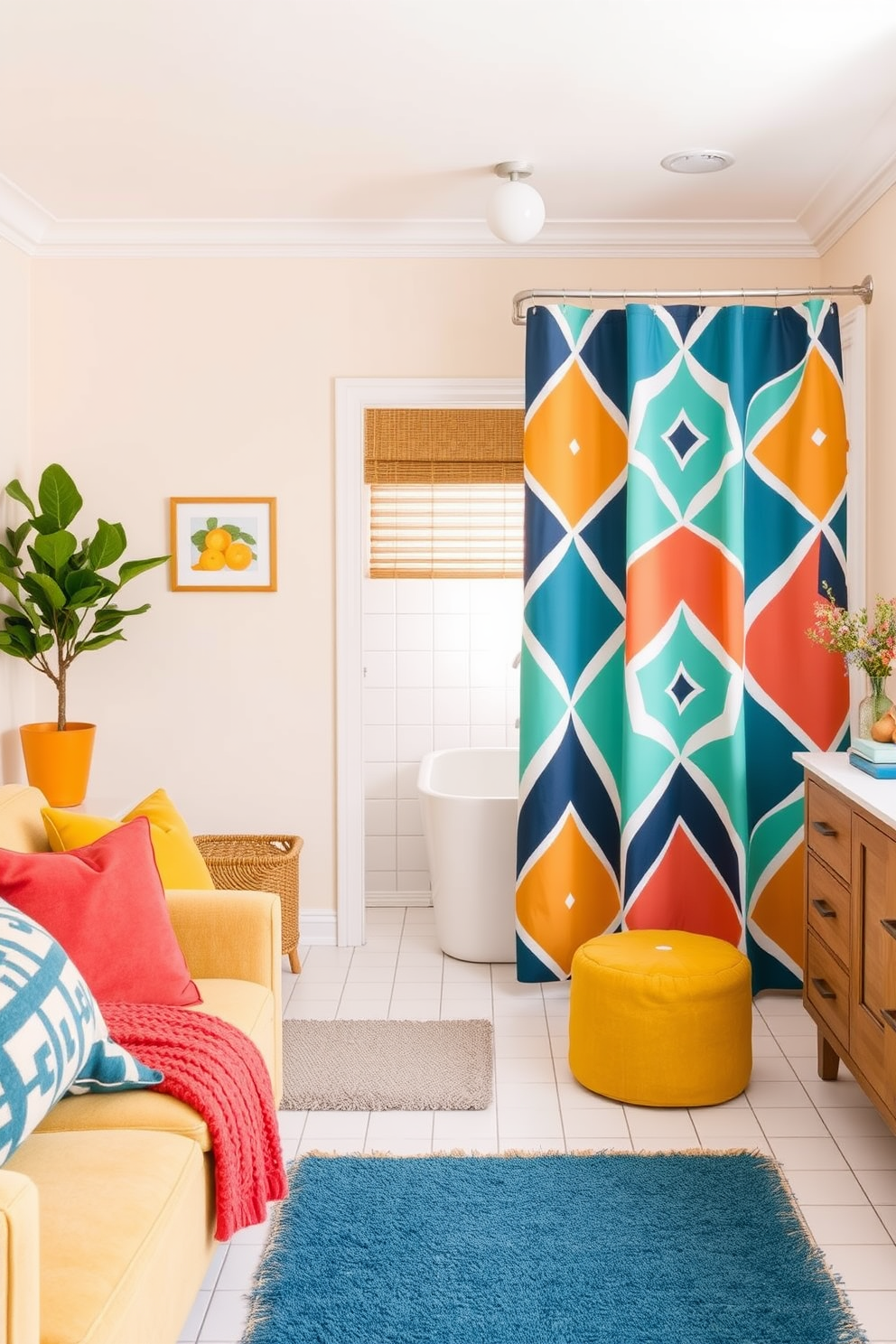 A vibrant living room filled with seasonal colors that evoke a sense of year-round freshness. The walls are painted in a soft cream, complemented by rich navy and mustard yellow accents in the furniture and decor. A playful shower curtain design featuring bold geometric patterns in shades of teal and coral. The curtain hangs gracefully in a bright bathroom with white tiles and a natural wood vanity, creating a cheerful and inviting atmosphere.