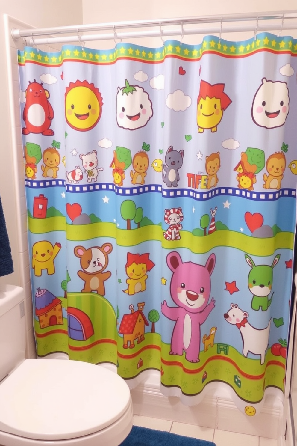 Whimsical cartoon characters adorn a vibrant shower curtain, featuring playful designs that include smiling animals and cheerful landscapes. The curtain brings a sense of fun to the bathroom, inviting creativity and joy into the space. Bright colors and bold patterns create an engaging atmosphere, making the shower curtain a focal point of the room. Each character is uniquely illustrated, encouraging imagination and adding a touch of whimsy to everyday routines.