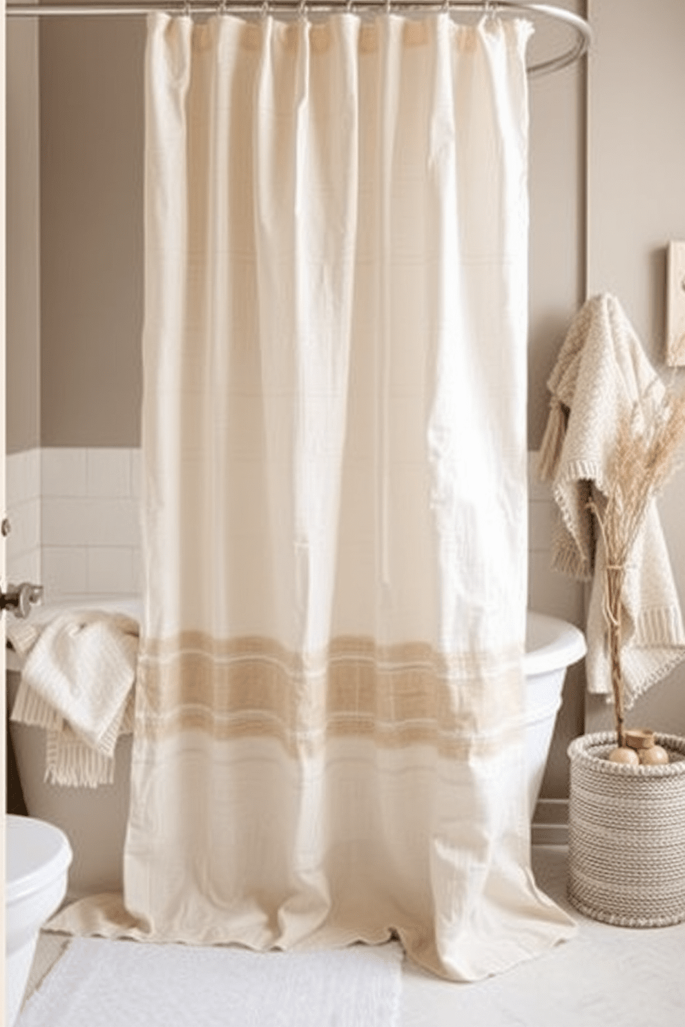 A cozy bathroom retreat featuring natural linen textures that create a warm and inviting atmosphere. The shower curtain is designed with soft, flowing linen fabric in a neutral tone, complemented by subtle patterns that enhance the serene ambiance.