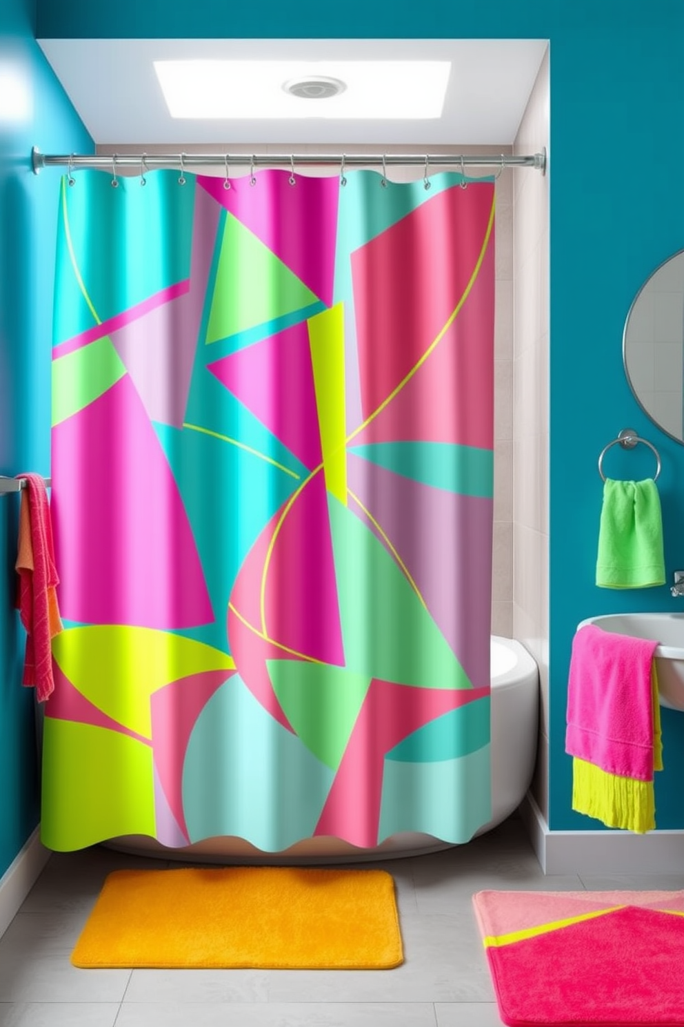 A vibrant shower curtain design featuring bold neon colors that create a playful atmosphere in the bathroom. The curtain showcases an abstract pattern of geometric shapes in shades of pink, green, and blue, adding a pop of excitement to the space. Incorporating a contrasting solid color for the bathroom walls enhances the impact of the neon design. Accessories such as matching bath mats and towels in complementary neon hues tie the entire look together for a cohesive and energetic vibe.