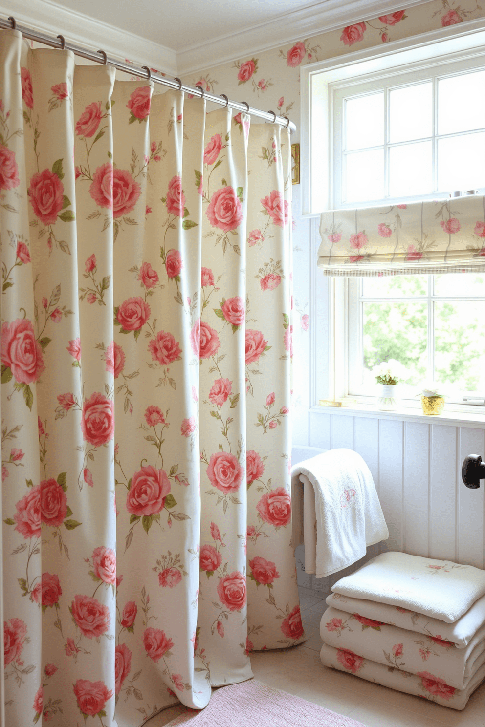 A charming bathroom adorned with vintage floral prints that add a classic touch. The shower curtain features a delicate pattern of roses and peonies in soft pastel colors, creating a warm and inviting atmosphere. The fabric drapes elegantly, complemented by matching accessories such as a bath mat and towels. Natural light filters through a window, enhancing the beauty of the floral design and creating a serene retreat.