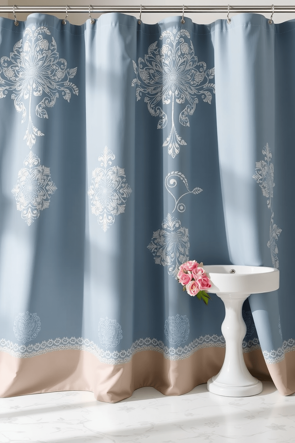 Create a stunning shower curtain design featuring intricate embroidery that adds a luxurious touch to the bathroom. The fabric should be soft and flowing, with a color palette that complements the overall decor of the space. Incorporate floral or geometric patterns that evoke a sense of sophistication and style. The design should be versatile enough to suit both modern and traditional bathroom aesthetics.