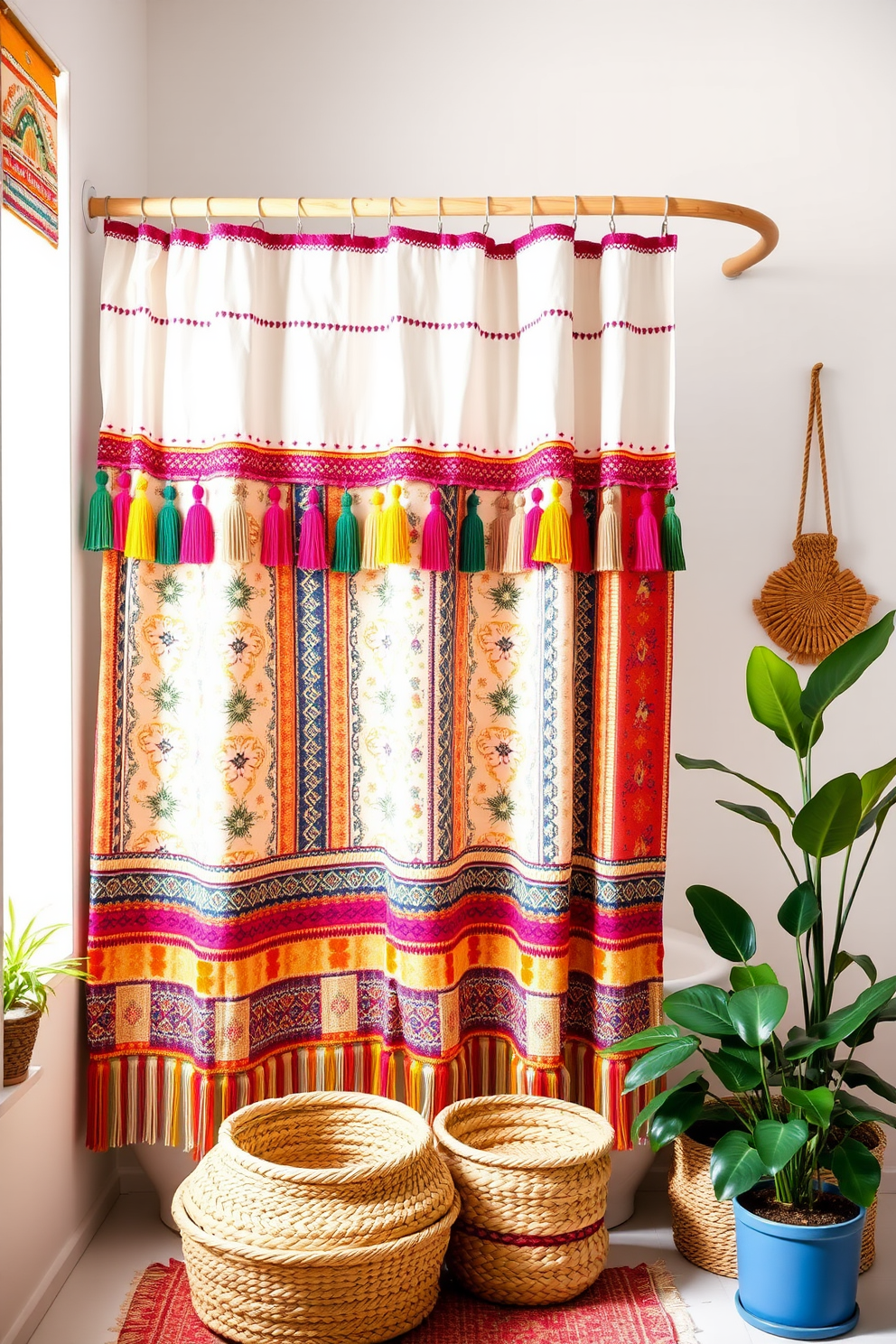 A vibrant boho bathroom featuring a shower curtain adorned with colorful tassels and playful fringes. The curtain showcases a mix of patterns and textures that create a warm and inviting atmosphere. Incorporate a natural wood rod to hang the shower curtain, enhancing the bohemian vibe. Surround the space with potted plants and woven baskets for added charm and functionality.