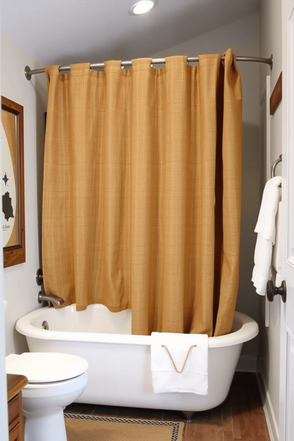 A rustic farmhouse bathroom featuring a burlap textured shower curtain that adds warmth and charm to the space. The shower curtain is complemented by wooden accents and vintage-inspired fixtures, creating a cozy and inviting atmosphere.