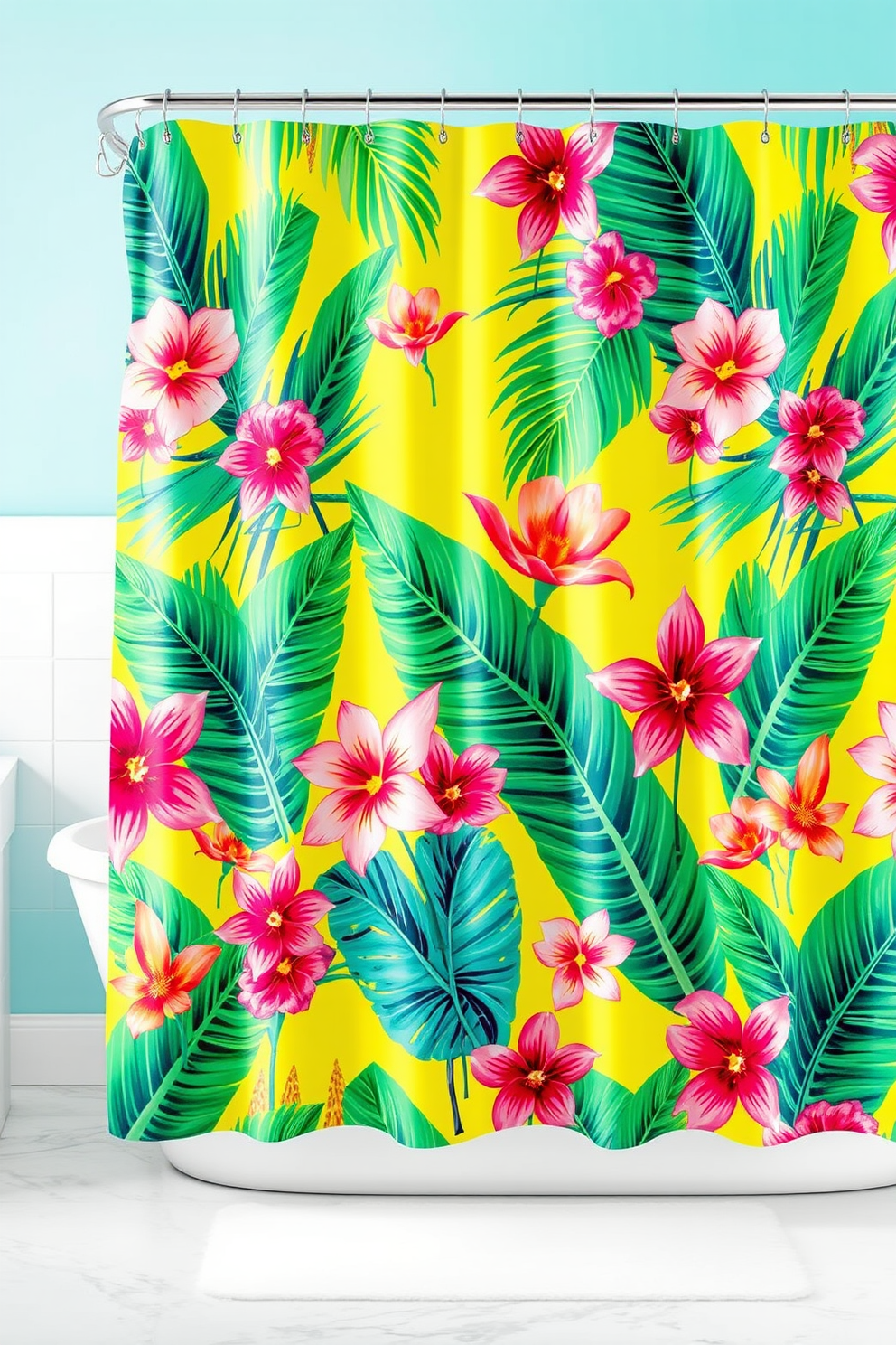 Bright tropical prints for a lively atmosphere. The shower curtain features vibrant colors and bold floral patterns, creating an inviting and cheerful space. The design incorporates large palm leaves and exotic flowers against a bright background. This playful aesthetic enhances the overall tropical vibe of the bathroom.