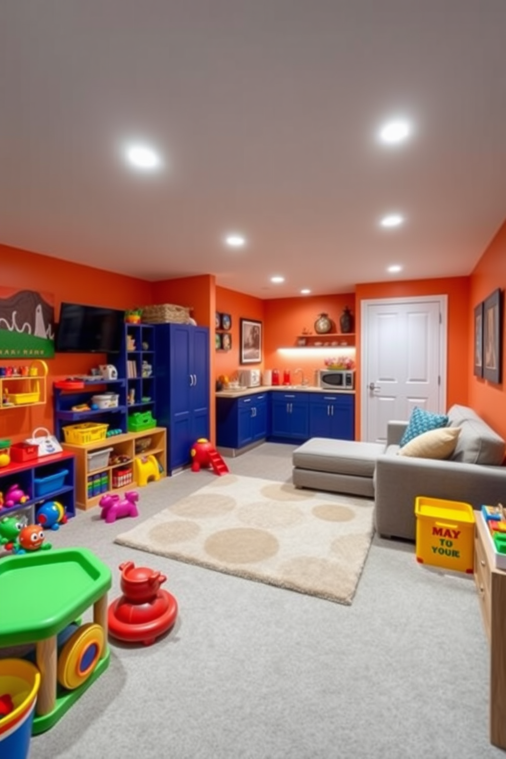 A vibrant playroom filled with colorful toys and playful decor. The walls are painted in bright primary colors and feature whimsical murals, while a soft area rug provides a cozy space for children to play. A simple basement design that maximizes functionality and comfort. The space includes a comfortable seating area with a sectional sofa, a small kitchenette, and ambient lighting to create a warm and inviting atmosphere.