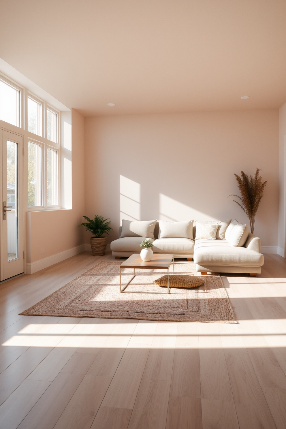 A serene yoga or meditation space features soft natural lighting filtering through large windows. The room is adorned with light wood flooring and calming pastel wall colors, creating an inviting atmosphere for relaxation. Simple basement design ideas include a cozy lounge area with a plush sectional sofa and a coffee table. The walls are painted in a warm neutral tone, and soft area rugs add comfort to the space while strategically placed lighting enhances the ambiance.