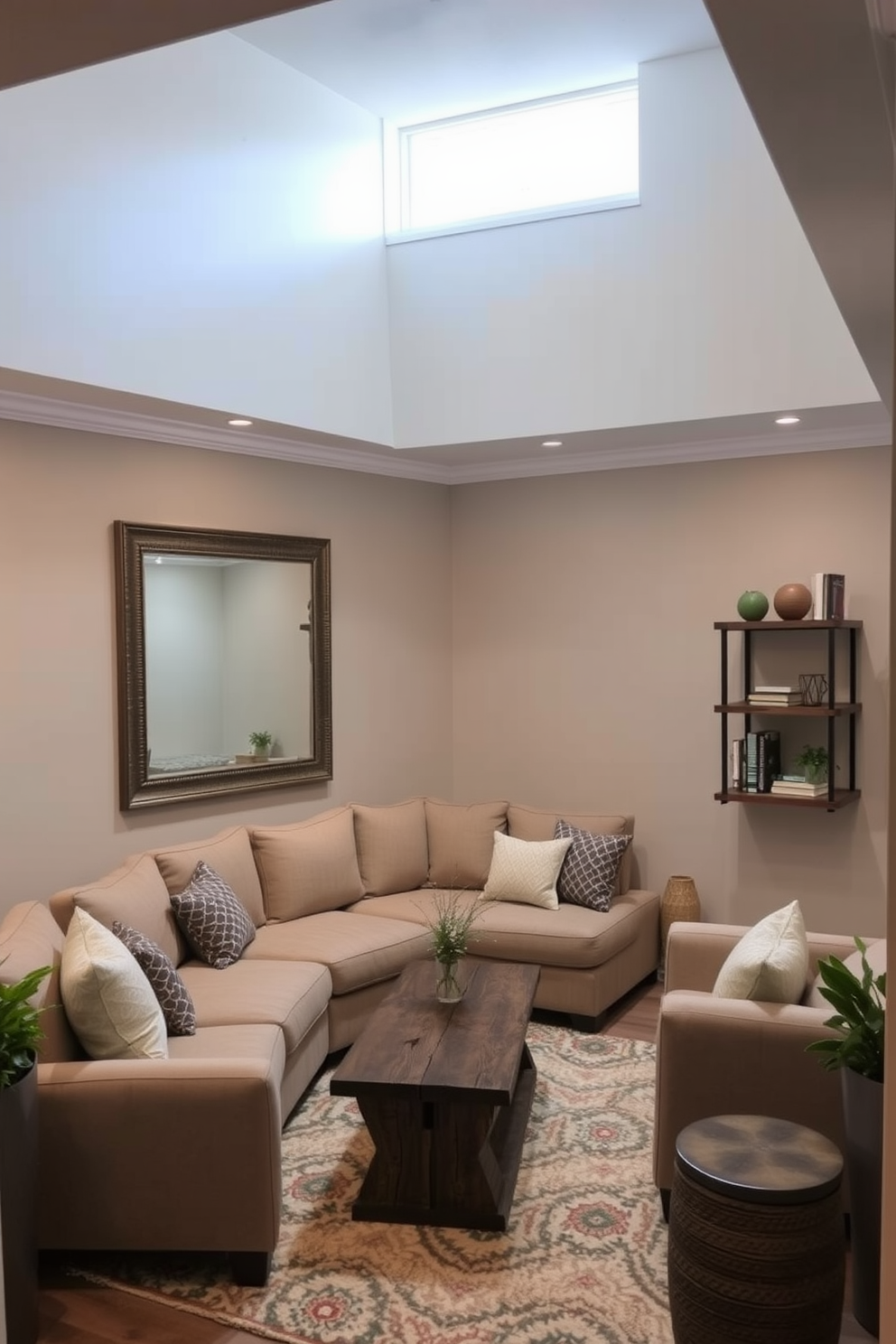 A cozy basement retreat featuring soft ambient lighting. The walls are painted in a light gray tone, and large mirrors are strategically placed to reflect natural light from the small windows above. The space includes a comfortable sectional sofa in a neutral fabric, complemented by a rustic coffee table. A plush area rug anchors the seating area, while decorative shelves display books and plants for a personal touch.