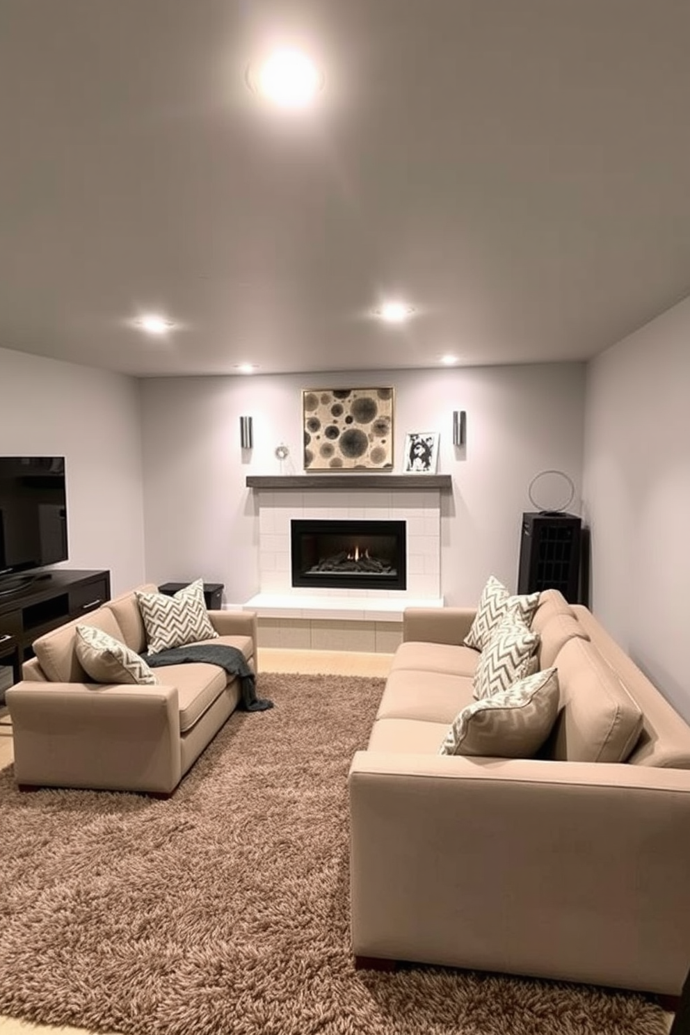 A cozy basement retreat designed for relaxation. The space features a comfortable sectional sofa facing a modern fireplace, creating a warm ambiance. Soft lighting fixtures are strategically placed to enhance the inviting atmosphere. The walls are painted in a light gray tone, complemented by a plush area rug that adds texture to the room.