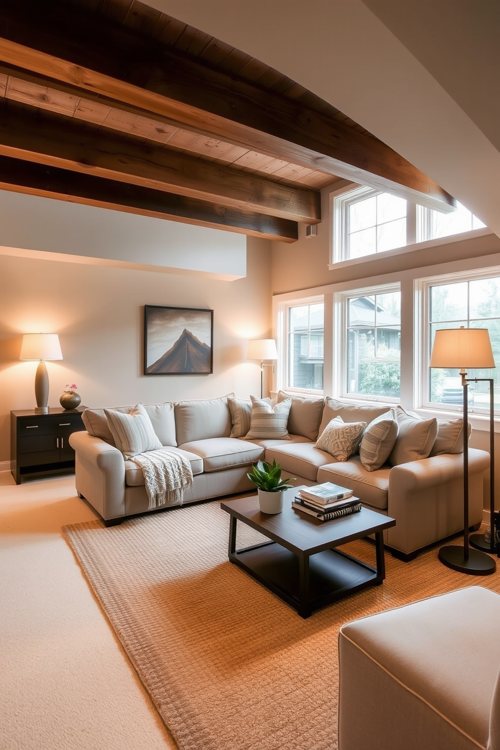 A serene basement retreat featuring soft beige walls and warm brown wooden beams overhead. The space includes a cozy sectional sofa adorned with textured throw pillows, complemented by a natural fiber area rug underfoot. In one corner, a small wooden coffee table holds a stack of books and a decorative plant. Ambient lighting from stylish floor lamps creates a welcoming atmosphere, while large windows let in natural light, enhancing the earthy tones.