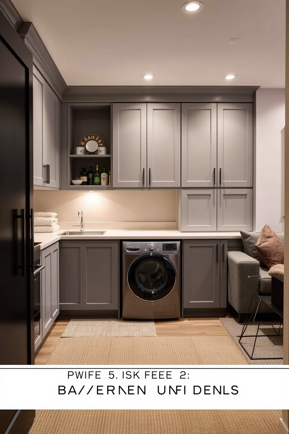 A stylish laundry room area featuring sleek cabinetry in a soft gray finish. The room includes a spacious countertop for folding clothes, with a stackable washer and dryer neatly tucked away to maximize space. Simple basement design ideas that incorporate a cozy seating area with plush sofas and ambient lighting. The space is designed to be multifunctional, allowing for both relaxation and entertainment with a small bar area and games table.