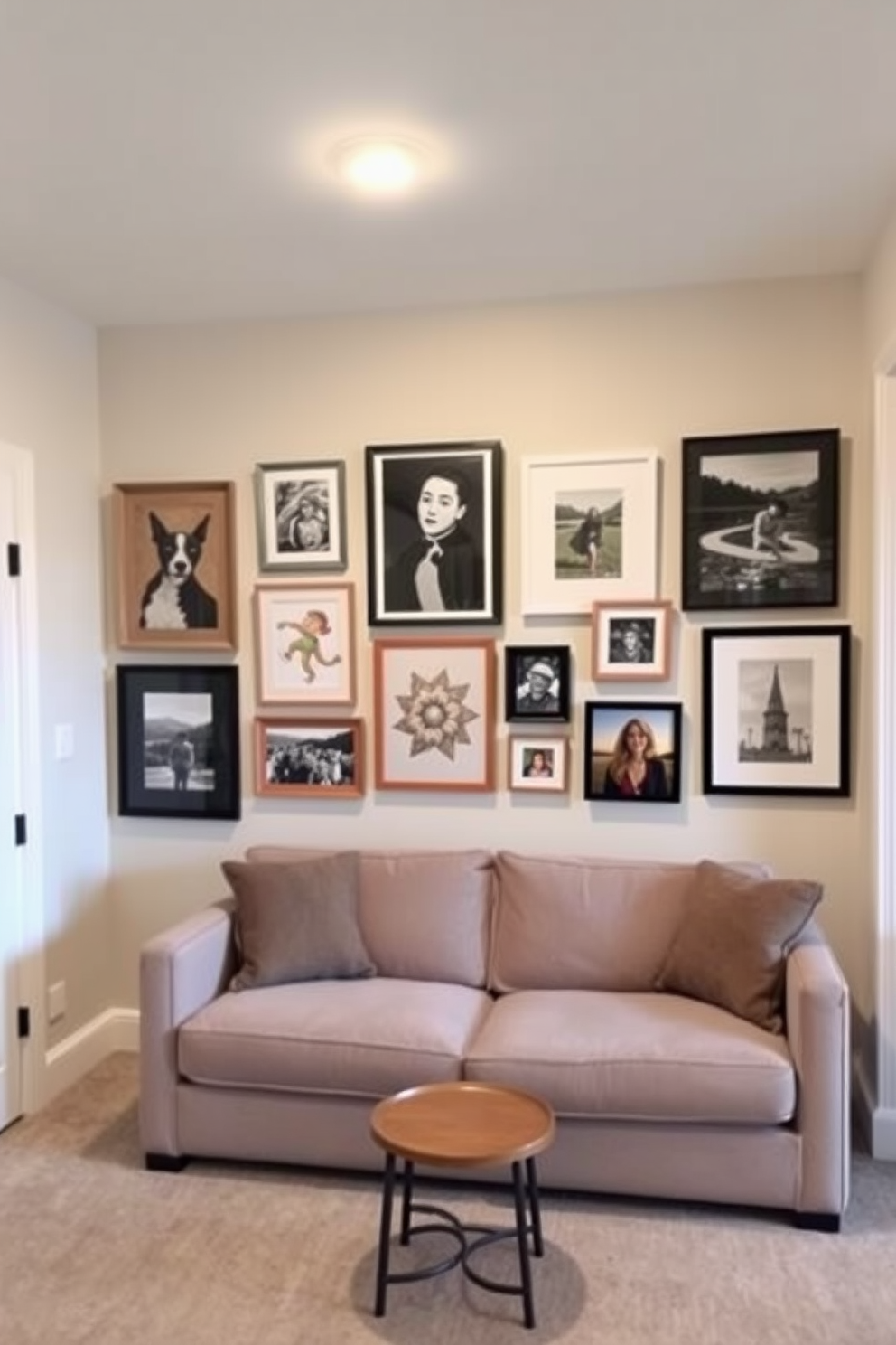 Create a gallery wall that showcases a collection of personal art pieces. The wall features a mix of framed paintings, photographs, and prints in various sizes arranged in a cohesive layout. Design a simple basement that maximizes functionality and comfort. Incorporate a cozy seating area with a plush sofa, a small coffee table, and soft lighting to create an inviting atmosphere.