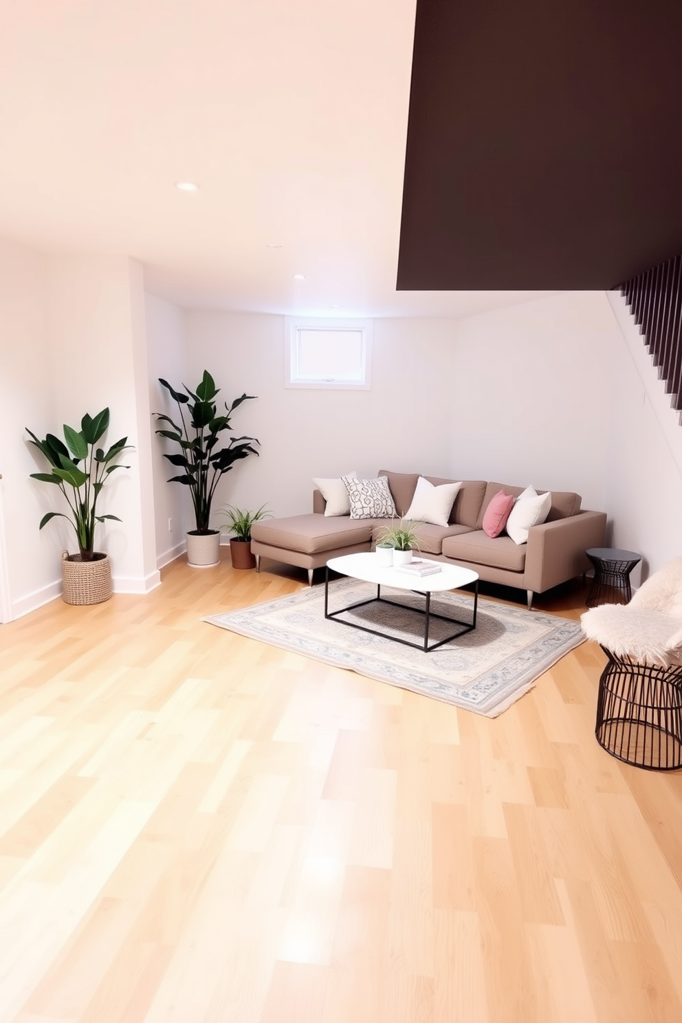 A bright and airy basement space featuring light-colored wall paint that enhances the natural light. The flooring is a warm, light wood, complemented by a cozy area rug that adds texture and warmth. In one corner, a comfortable sectional sofa invites relaxation, adorned with soft pastel cushions. A sleek coffee table sits in front, surrounded by a few potted plants that bring life to the room.