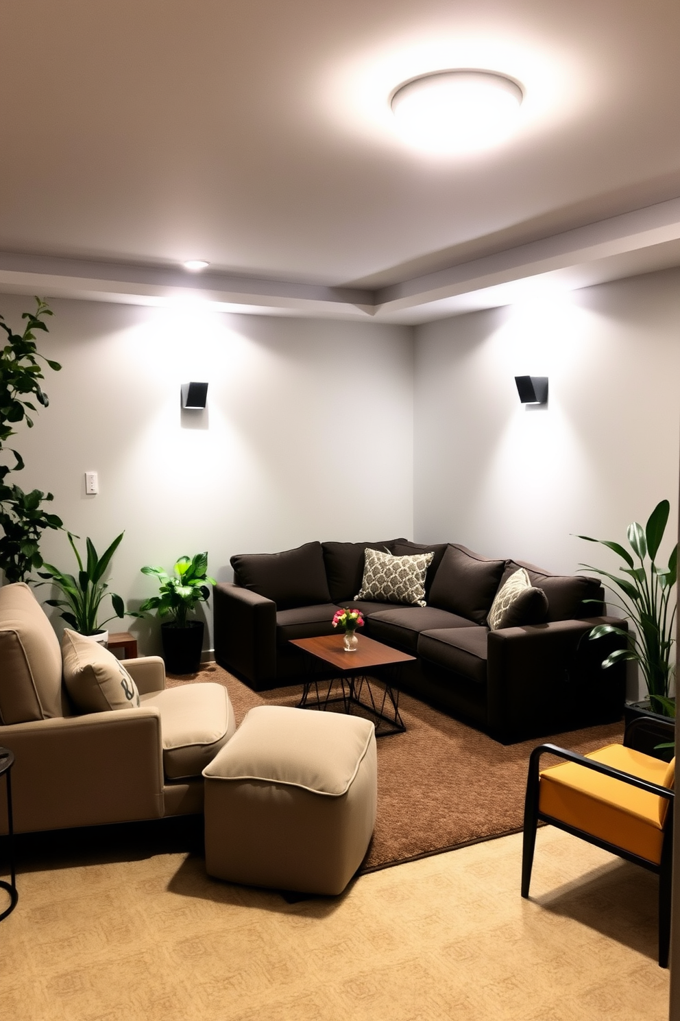 A cozy basement retreat with soft lighting and plush seating. There are potted plants in the corners, adding a touch of greenery to the space. The walls are painted in a light gray color, creating an inviting atmosphere. A small coffee table sits in the center, surrounded by a comfortable sectional sofa and a few accent chairs.