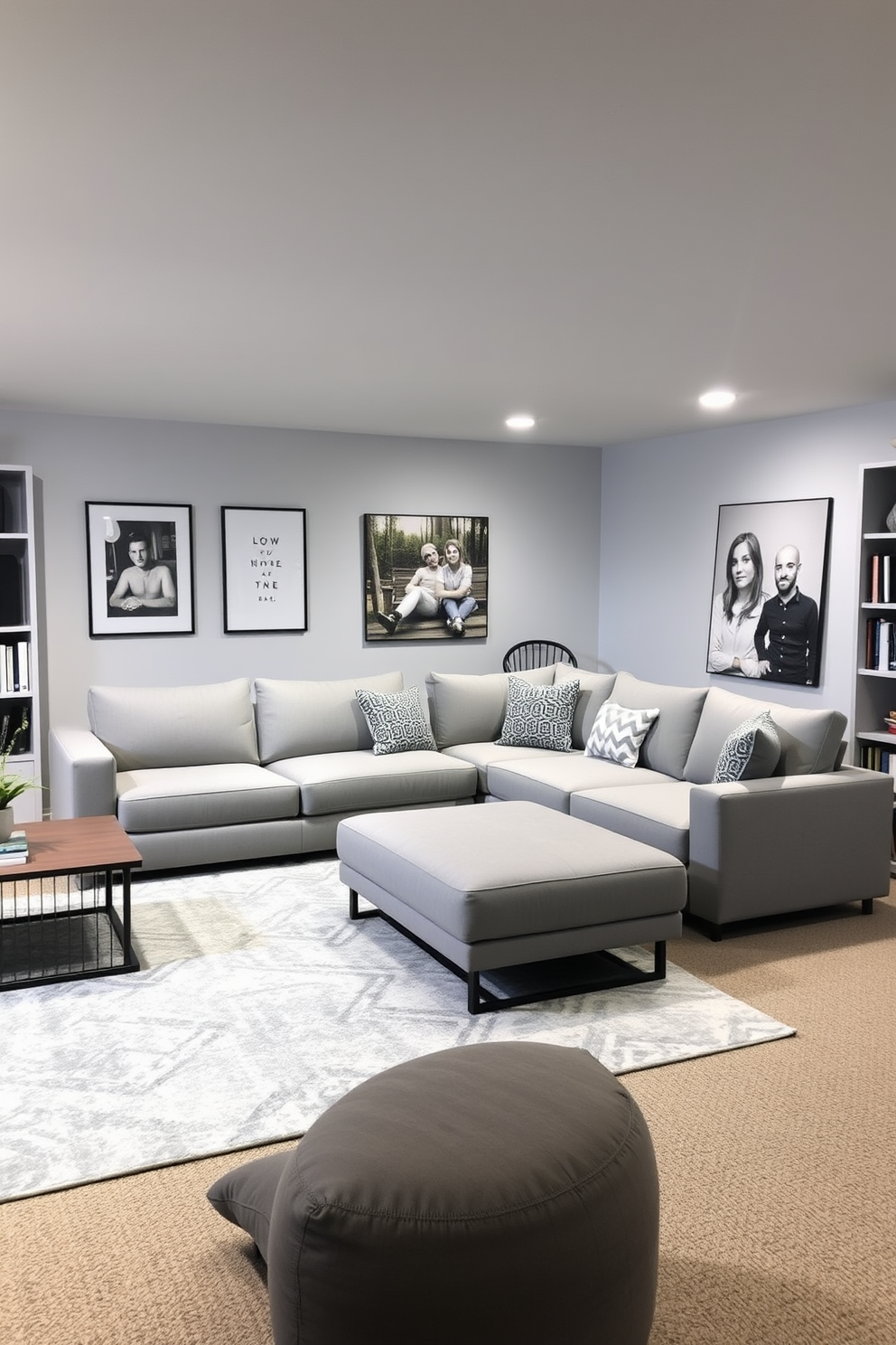 A cozy basement living area featuring a sleek sectional sofa that doubles as a sleeper bed. The walls are painted in a light gray color, and a large area rug anchors the seating space. Incorporate a stylish coffee table that can be converted into a dining table when needed. Shelving units line one wall, providing storage and display space for books and decorative items.