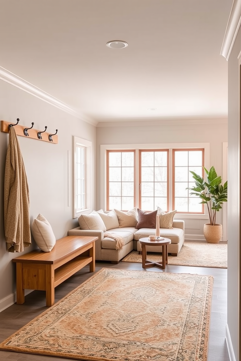 Design an inviting entryway with hooks. The walls are painted a soft gray with a warm wooden bench underneath a row of stylish hooks. Simple basement design ideas include a cozy lounge area with a plush sectional sofa and a large area rug. The walls are painted a light cream color to create an airy feel, and large windows let in natural light.