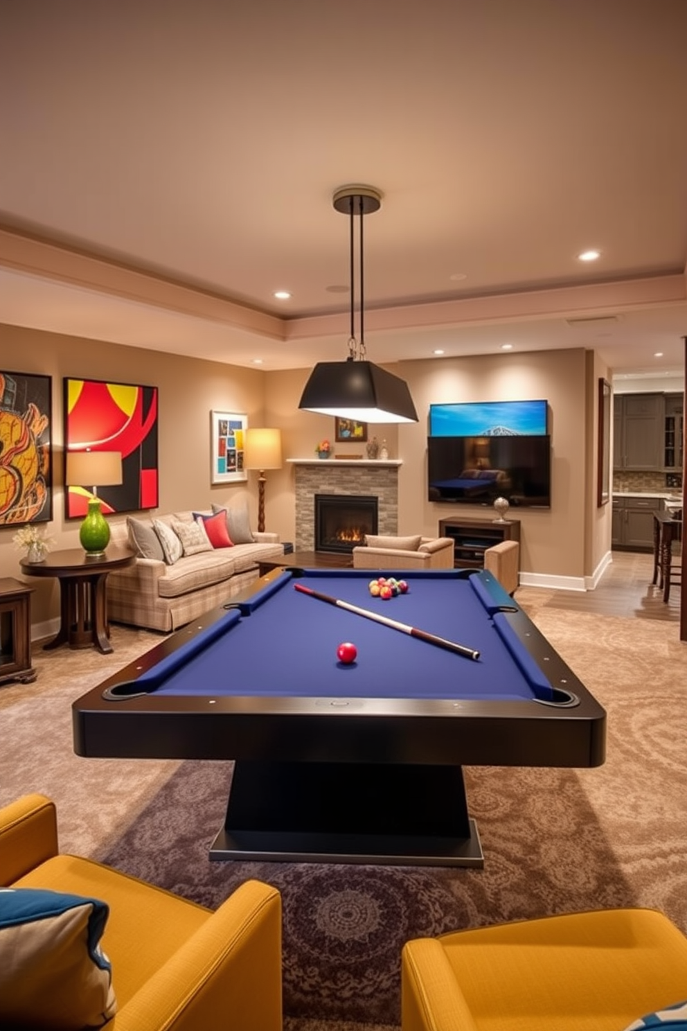 Create a vibrant game room featuring a sleek pool table as the centerpiece. Surround the table with comfortable seating and bold artwork that reflects a fun and energetic atmosphere. Design a cozy basement that maximizes space with multifunctional furniture. Incorporate warm lighting and soft textures to create an inviting and relaxed environment.