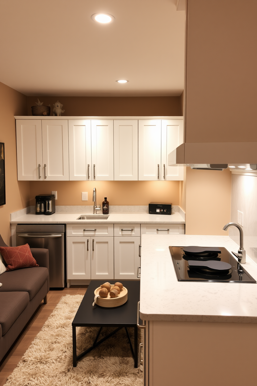 A cozy kitchenette designed for meal prep features sleek cabinetry in a soft white finish with brushed nickel handles. The countertops are made of durable quartz, providing ample space for food preparation, while a compact refrigerator and a two-burner stove are seamlessly integrated into the design. The basement design embraces an open layout with comfortable seating arranged around a low coffee table. Soft lighting fixtures are strategically placed to create an inviting atmosphere, complemented by warm-toned walls and a plush area rug that adds texture to the space.