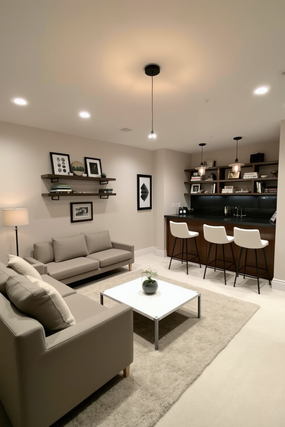 A cozy basement retreat featuring soft lighting and comfortable seating. The walls are painted in a light gray tone, and the floor is covered with a plush area rug. In one corner, a sleek sectional sofa is paired with a minimalist coffee table. A small bar area with high stools adds a touch of sophistication to the space. Stylish pendant lights hang from the ceiling, providing a modern flair. Decorative shelves showcase books and personal items, enhancing the inviting atmosphere.