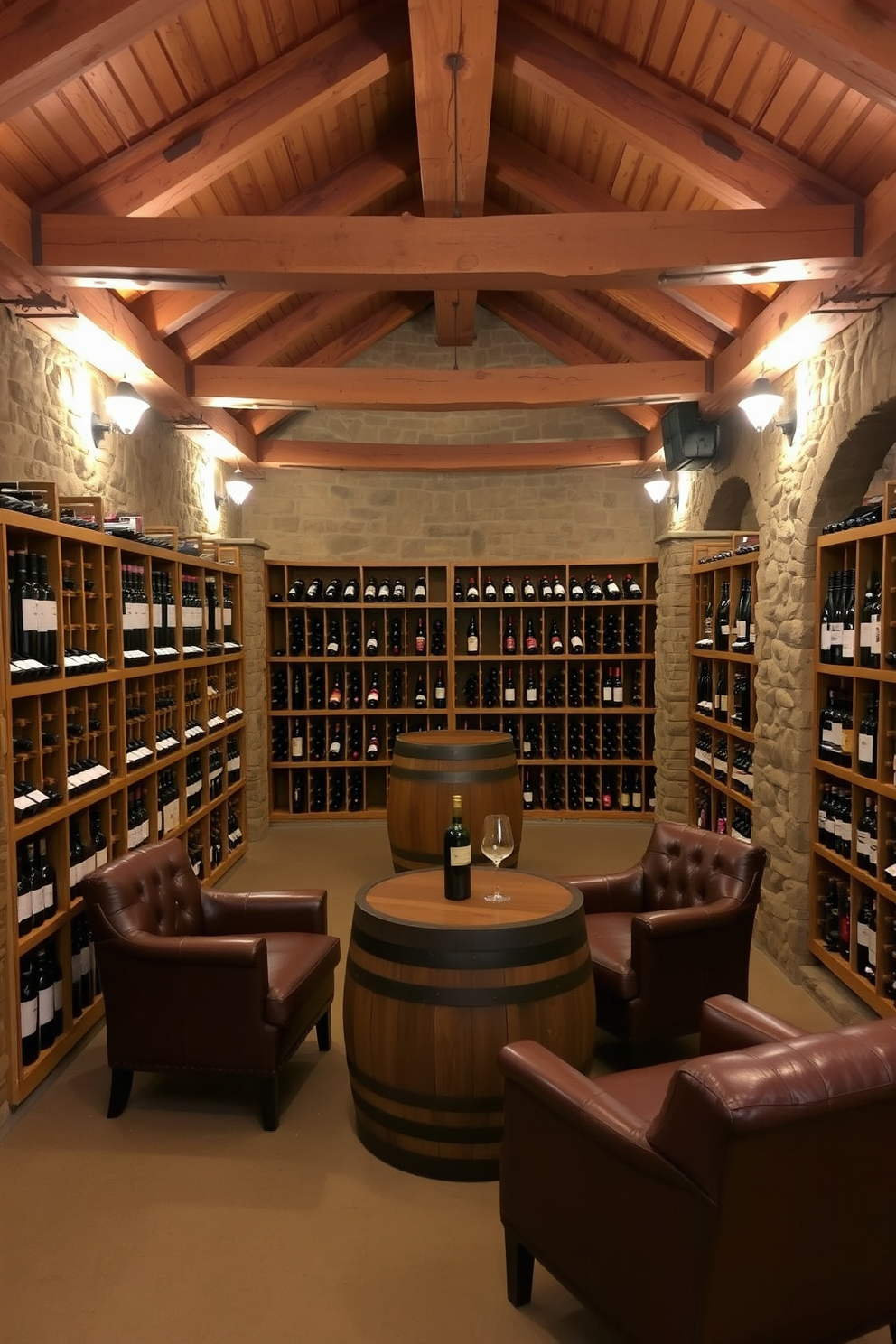 A rustic wine cellar space with exposed wooden beams and stone walls creates an inviting atmosphere. Rows of wooden racks filled with various wine bottles line the walls, while a large oak barrel serves as a rustic table in the center. Soft, warm lighting illuminates the space, highlighting the rich textures of the wood and stone. A cozy seating area with leather chairs and a small round table invites guests to relax and enjoy a glass of wine.