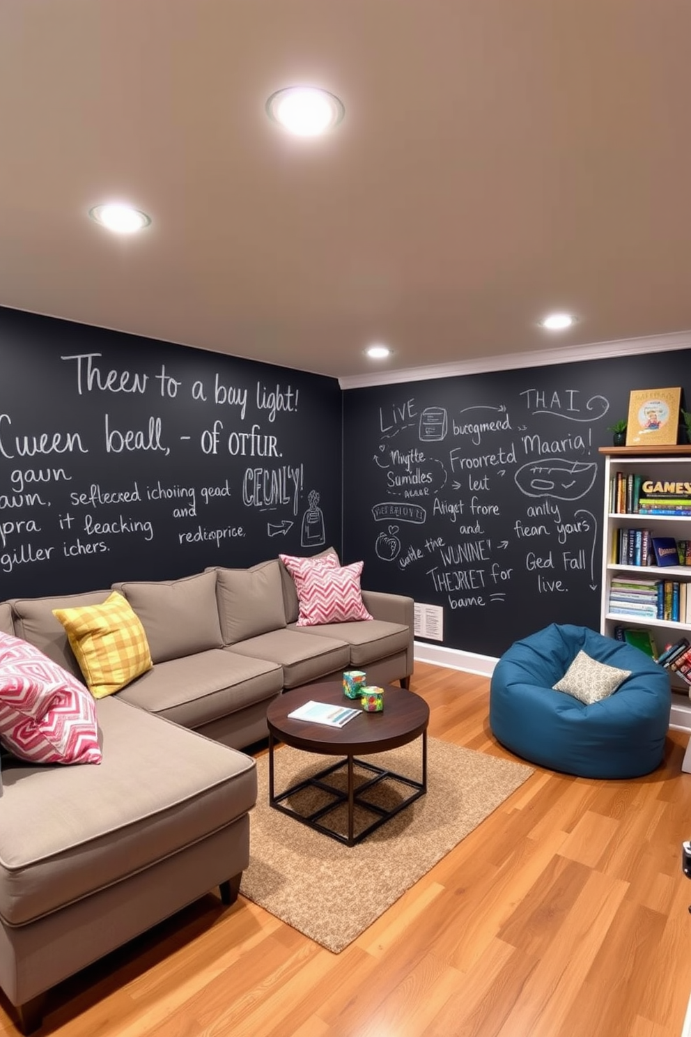 Create a cozy and inviting basement space featuring a chalkboard wall that encourages creativity and fun. The area includes a comfortable sectional sofa with colorful throw pillows, a small coffee table, and soft ambient lighting to enhance the relaxed atmosphere. In one corner, set up a playful reading nook with a bean bag chair and a shelf filled with books and games. The flooring is a warm wood finish, and the walls are painted in a light gray to keep the space feeling open and airy.