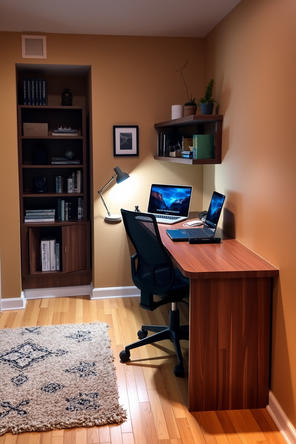 A cozy basement workspace featuring a sleek wooden desk positioned against a wall. The desk is equipped with a modern laptop, a stylish desk lamp, and a comfortable ergonomic chair, creating an inviting remote work environment. Soft ambient lighting illuminates the space, enhancing the warm tones of the painted walls. A plush area rug adds texture underfoot, while shelves filled with books and decorative items provide a personal touch.